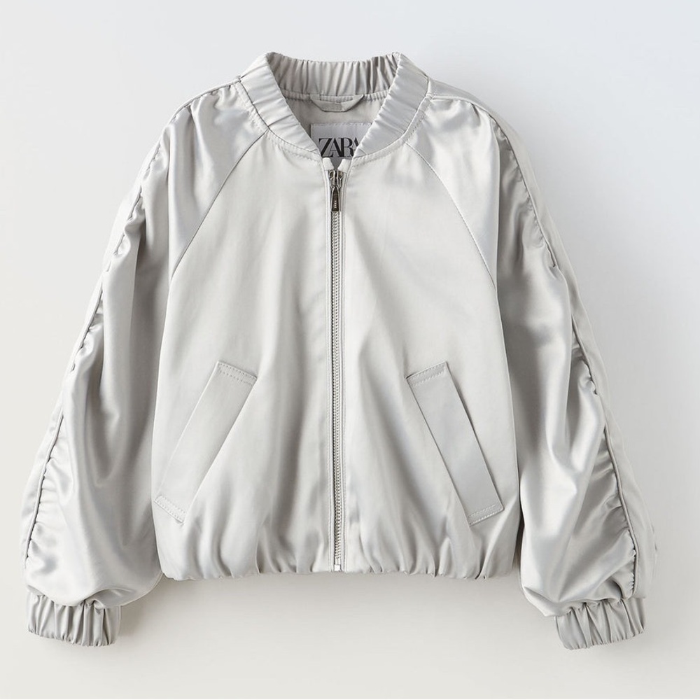 Zara Girls’ Metallic Gray Satin Bomber Jacket